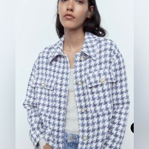 Zara Pearl Button Textured Overshirt, XS, Ecru/Blue